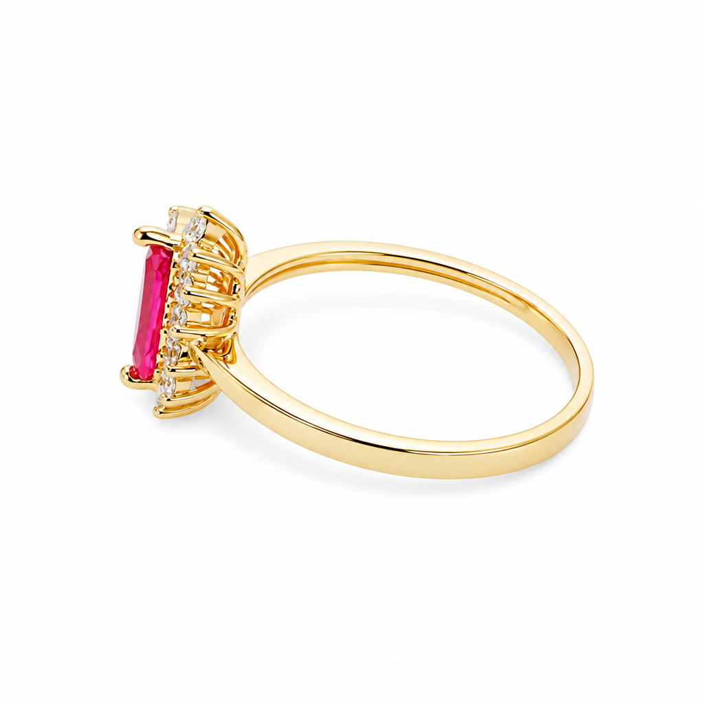 14KT Gold Ring Women's Flower Red Marquise Center CZ Stone with White CZ Stone Petal Borders and Plain Band