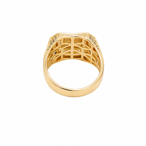 14KT Gold Ring Men's Square Two Tone Scorpion Center with White CZ Stone Border Black CZ Corner Stones with Side Design Black / Gold Greek Style Square with Black CZ Stone Border Around a Raised Arrow on Each Side