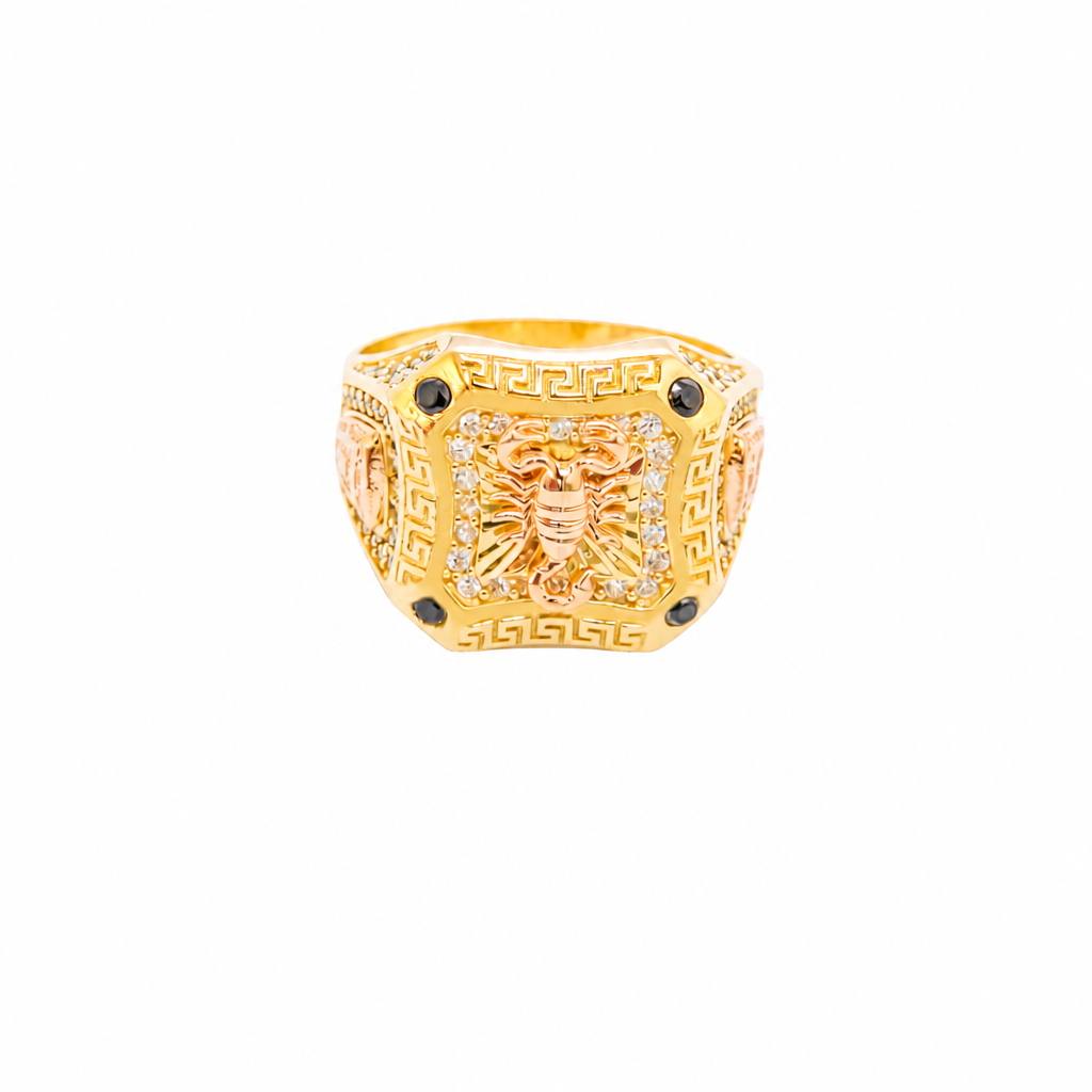 14KT Gold Ring Men's Square Two Tone Scorpion Center with White CZ Stone Border Black CZ Corner Stones with Side Design Black / Gold Greek Style Square with Black CZ Stone Border Around a Raised Arrow on Each Side