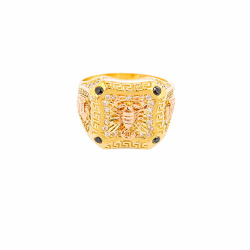 14KT Gold Ring Men's Square Two Tone Scorpion Center with White CZ Stone Border Black CZ Corner Stones with Side Design Black / Gold Greek Style Square with Black CZ Stone Border Around a Raised Arrow on Each Side
