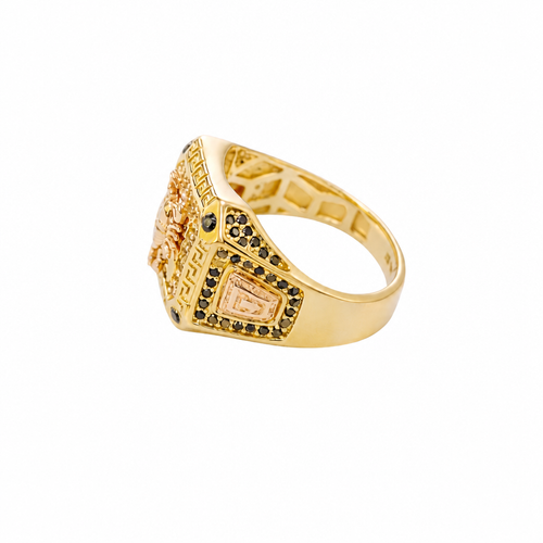 14KT Gold Ring Men's Square Two Tone Scorpion Center with White CZ Stone Border Black CZ Corner Stones with Side Design Black / Gold Greek Style Square with Black CZ Stone Border Around a Raised Arrow on Each Side