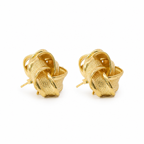 14KT Gold Earrings Medium Four Ribbon Strand Sandblasted Pinwheel Knot with Plain Borders, Push Back Post, and Butterfly Backs