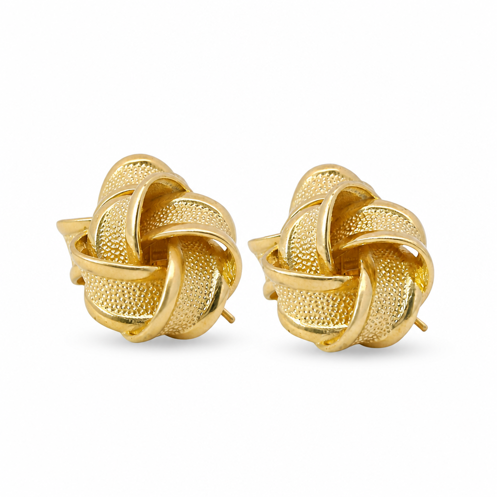 14KT Gold Earrings Medium Four Ribbon Strand Sandblasted Pinwheel Knot with Plain Borders, Push Back Post, and Butterfly Backs