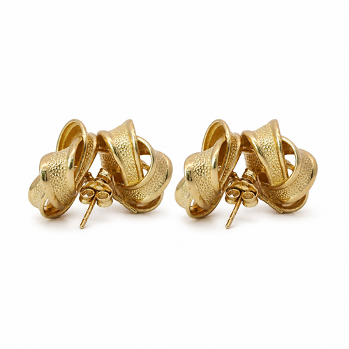14KT Gold Earrings Medium Four Ribbon Strand Sandblasted Pinwheel Knot with Plain Borders, Push Back Post, and Butterfly Backs