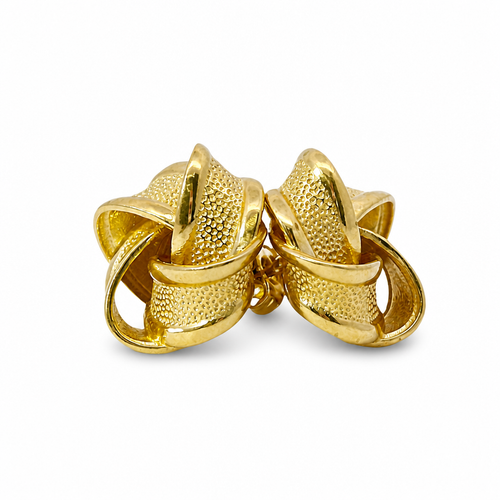 14KT Gold Earrings Medium Four Ribbon Strand Sandblasted Pinwheel Knot with Plain Borders, Push Back Post, and Butterfly Backs