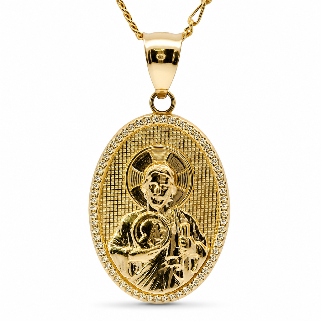 14KT Gold Charm Medium Oval Jesus Holding a Coin with Beaded Border and Plain Bell