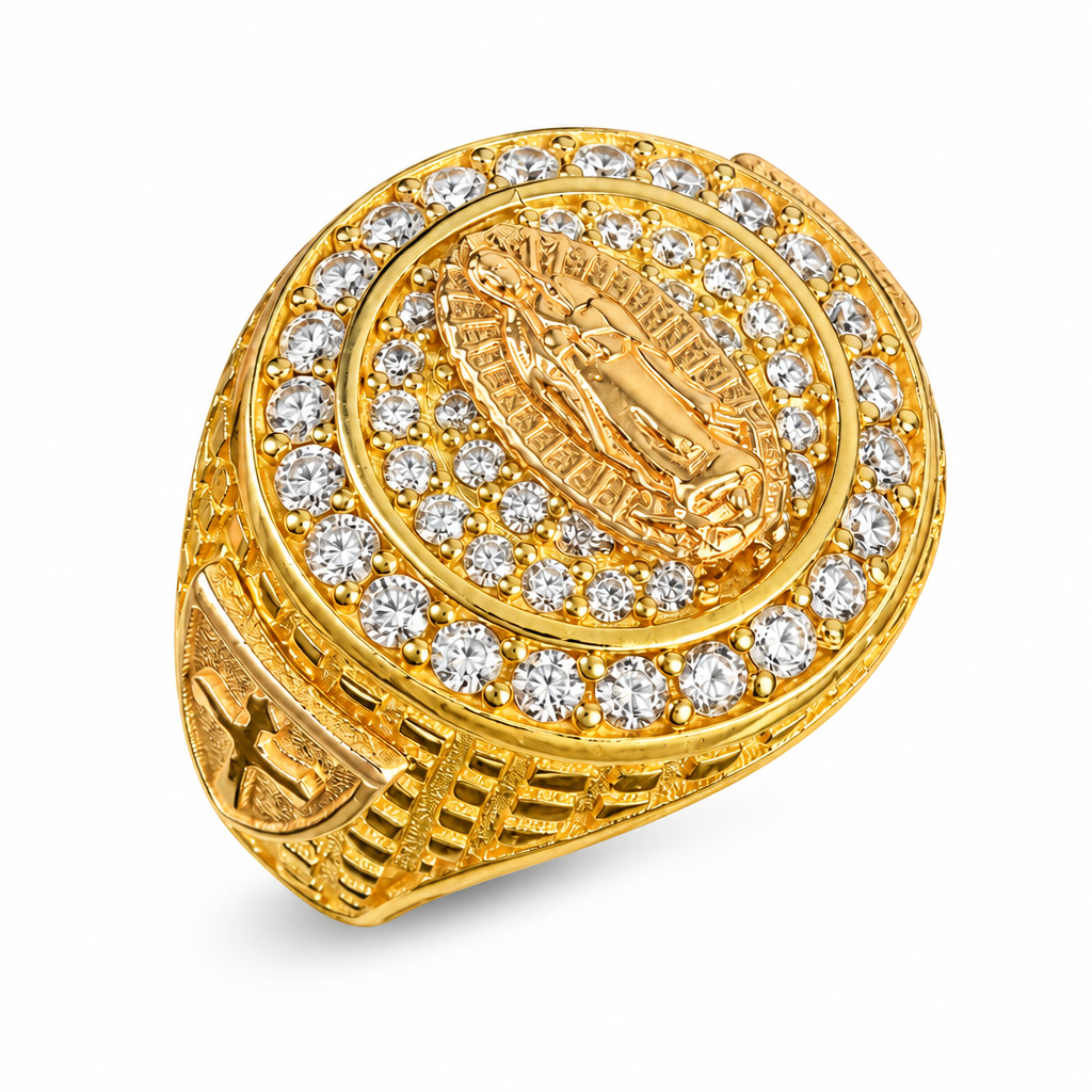 14KT Gold Ring Men's Two Tone Round Domed Raised Virgin Mary Center with White CZ Stones Background and Border with Rose Gold Side Shield Emblems and Dotted Band