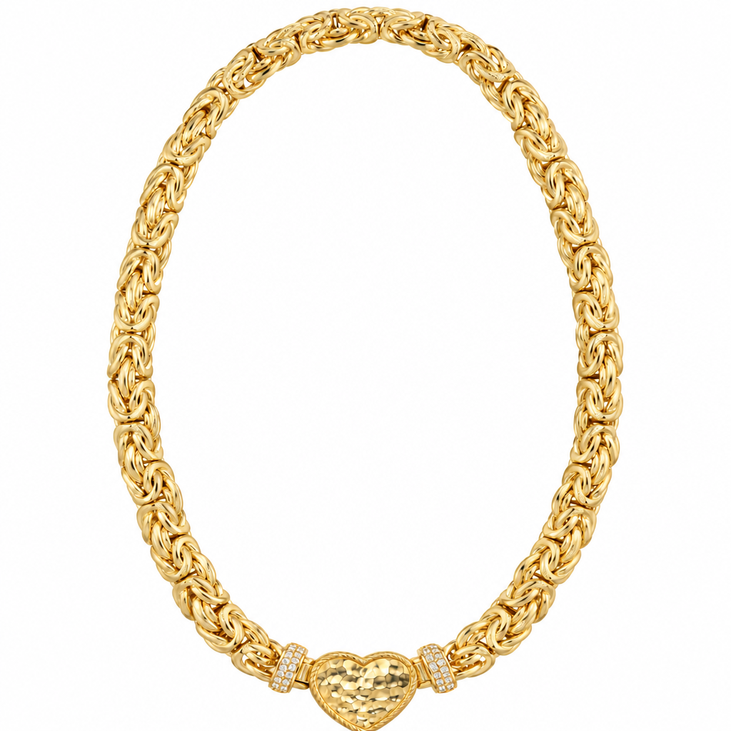 14K Gold Chain Women's Byzantine Link Necklace with Diamond Cut Heart Center and White CZ Stones Ends