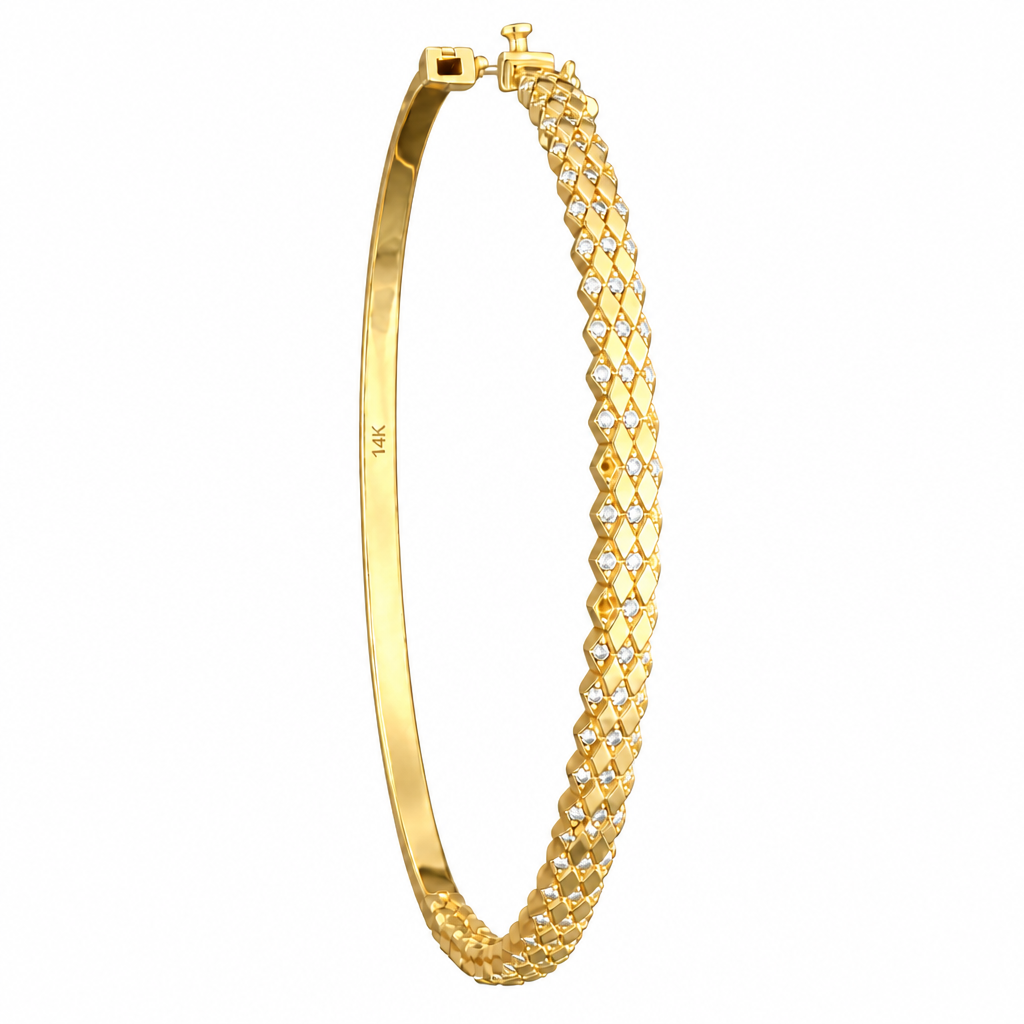 14KT Gold Bracelet Hollow White CZ Stones Bangle with Diamond Shape Pattern