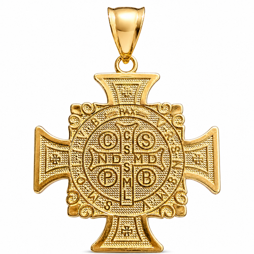 14KT Gold Charm Large Maltese Cross Two Tone St Benedict Coin with Plain Bell