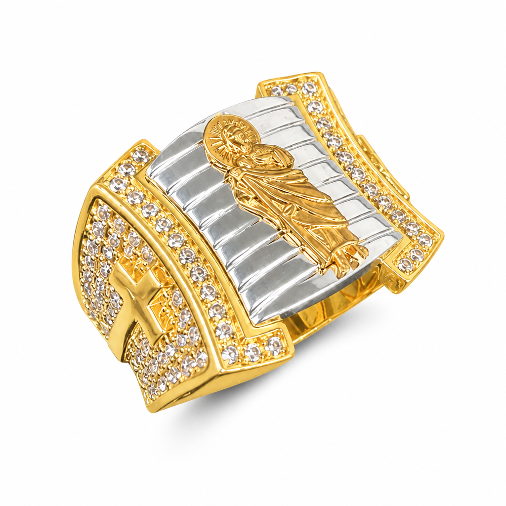 14KT Gold Ring Men's Square Raised Tri Tone St Jude with White Gold Stripe Background, White CZ Stones Border, and White CZ Stones Background Plain Cross on White CZ Stones Band