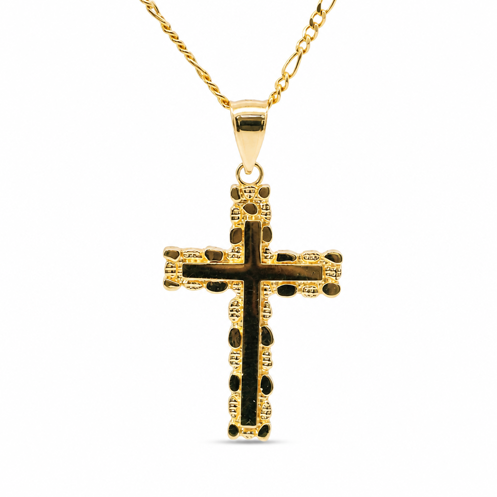 14KT Gold Charm Small Nugget Cross with Engravable Center and Plain Bell