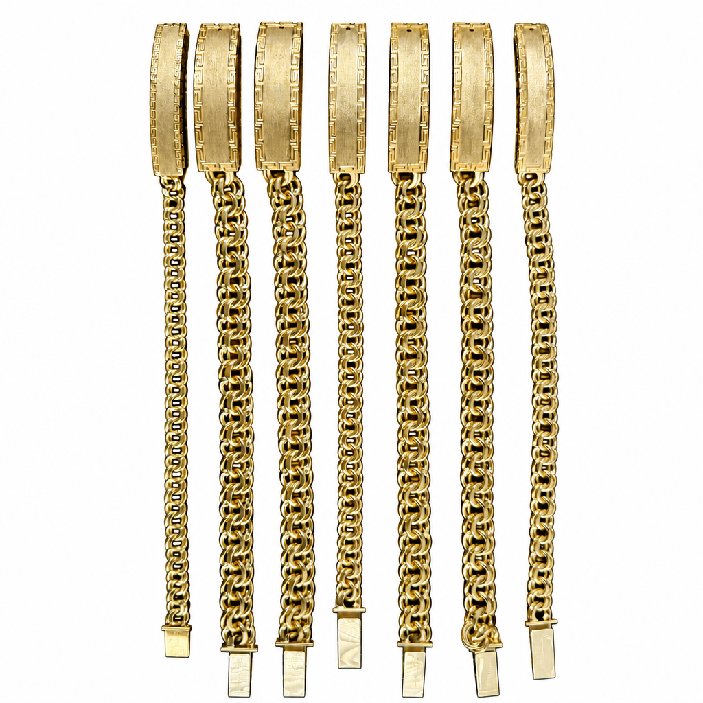14KT Gold Bracelet Hollow Chino Band with Greek Border Name Plate 12.5mm