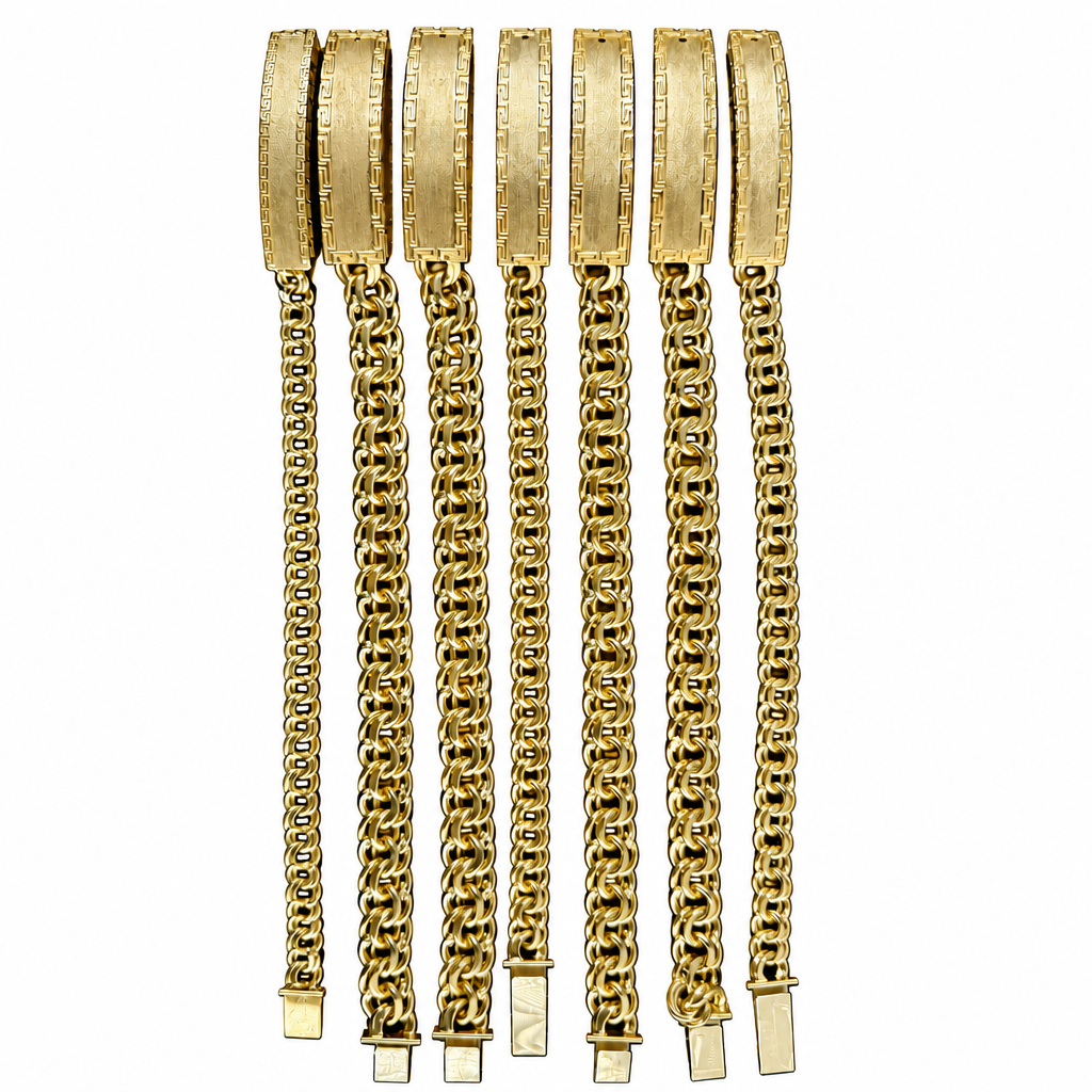 14KT Gold Bracelet Hollow Chino Band with Greek Border Name Plate 9mm