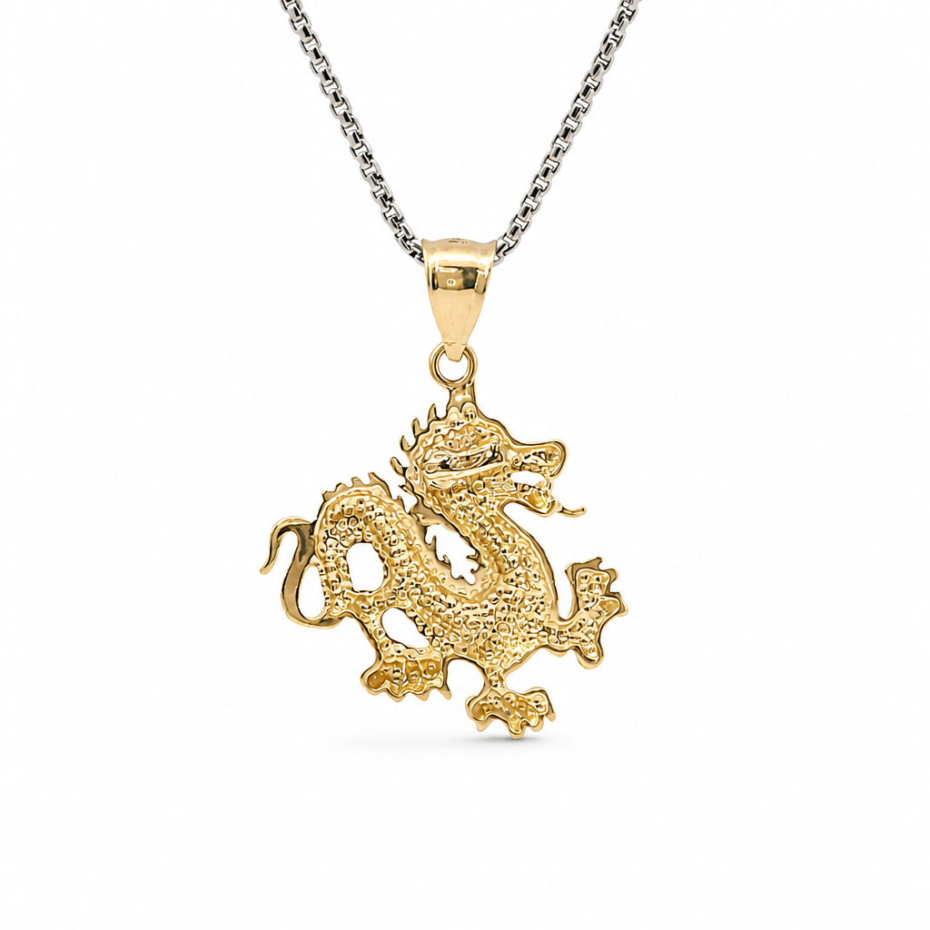 14KT Gold Charm Plain Diamond Cut Dragon with Plain Bell