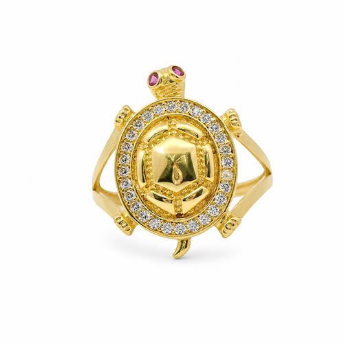 14KT Gold Women's Ring Jumbo Plain Shell Turtle with White CZ Stones Border Pink Eyes Plain Split Band