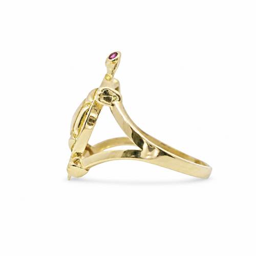 14KT Gold Women's Ring Jumbo Plain Shell Turtle with White CZ Stones Border Pink Eyes Plain Split Band