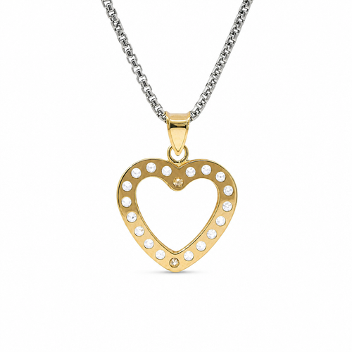 14KT Gold Charm Medium White CZ Stones Open Heart Outline with Plain Bell