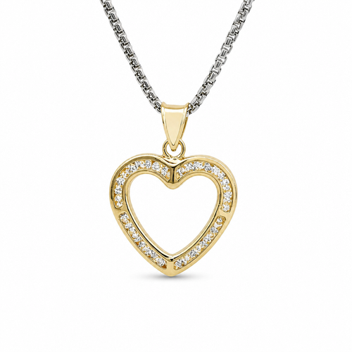 14KT Gold Charm Medium White CZ Stones Open Heart Outline with Plain Bell