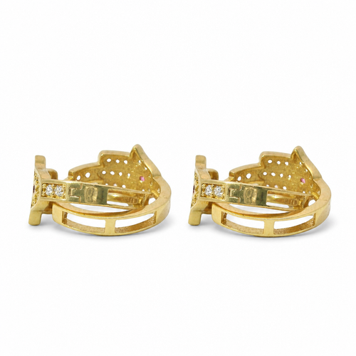14KT Gold Earring Medium White CZ Stones Three Finger Hamsa Hand with Dark Pink CZ Stone Center Huggie