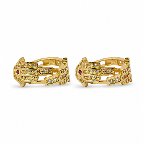 14KT Gold Earring Medium White CZ Stones Three Finger Hamsa Hand with Dark Pink CZ Stone Center Huggie