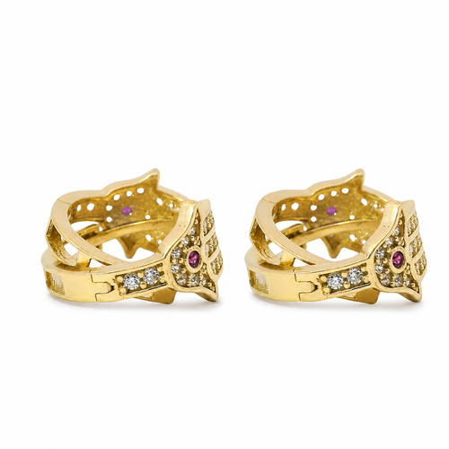 14KT Gold Earring Medium White CZ Stones Three Finger Hamsa Hand with Dark Pink CZ Stone Center Huggie