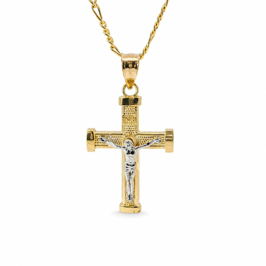 14KT Gold Charm Extra Small Two Tone Bar End Crucifix Cross with Plain Bell