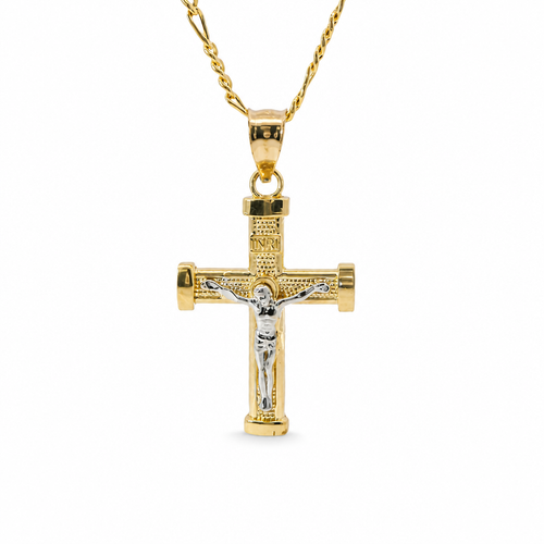 14KT Gold Charm Extra Small Two Tone Bar End Crucifix Cross with Plain Bell