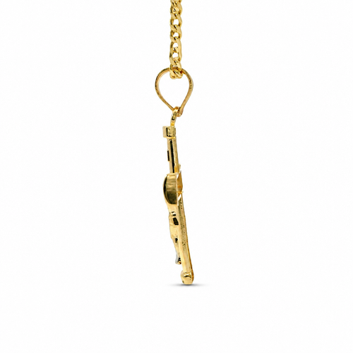 14KT Gold Charm Extra Small Two Tone Bar End Crucifix Cross with Plain Bell