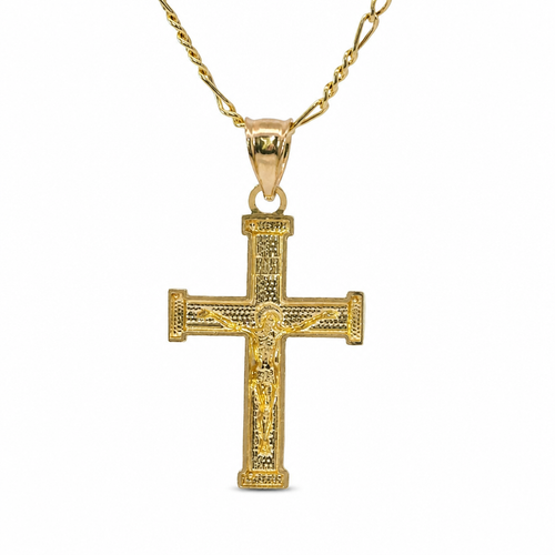 14KT Gold Charm Extra Small Two Tone Bar End Crucifix Cross with Plain Bell