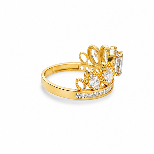 14KT Gold Ring Women's "15" Quinceanera Crown White CZ Stones with White Square CZ Stones Band Plain Shank