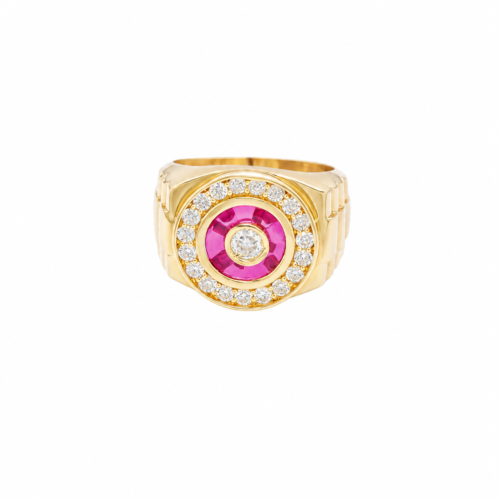 14KT Gold Ring Men's Round White CZ Center Stone Plain Border on Red Onyx Background with White CZ Stones Border Side Design Jubilee