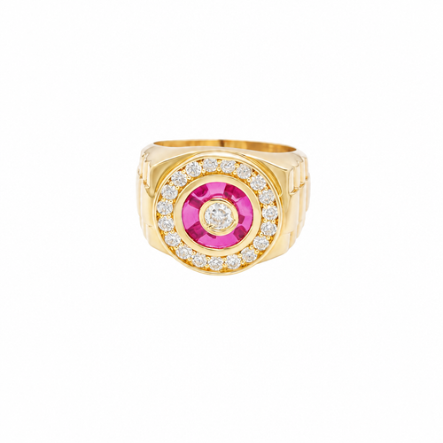 14KT Gold Ring Men's Round White CZ Center Stone Plain Border on Red Onyx Background with White CZ Stones Border Side Design Jubilee