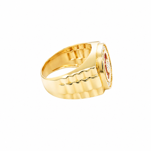 14KT Gold Ring Men's Round White CZ Center Stone Plain Border on Red Onyx Background with White CZ Stones Border Side Design Jubilee