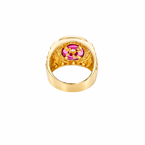 14KT Gold Ring Men's Round White CZ Center Stone Plain Border on Red Onyx Background with White CZ Stones Border Side Design Jubilee