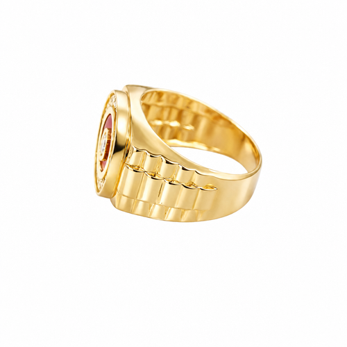 14KT Gold Ring Men's Round White CZ Center Stone Plain Border on Red Onyx Background with White CZ Stones Border Side Design Jubilee