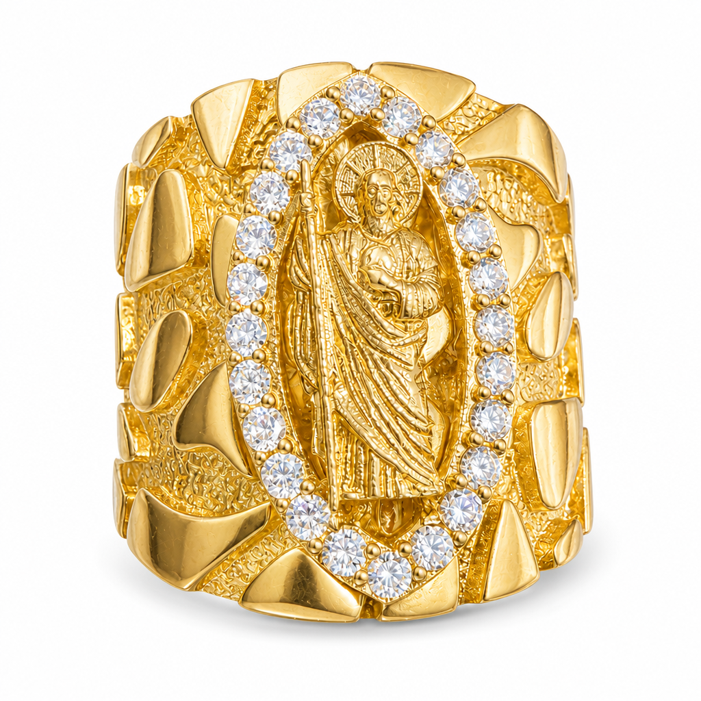 14KT Gold Ring Men's  St Jude Center with Plain Background, White CZ Stones Marquise Shape Border and Nugget Band