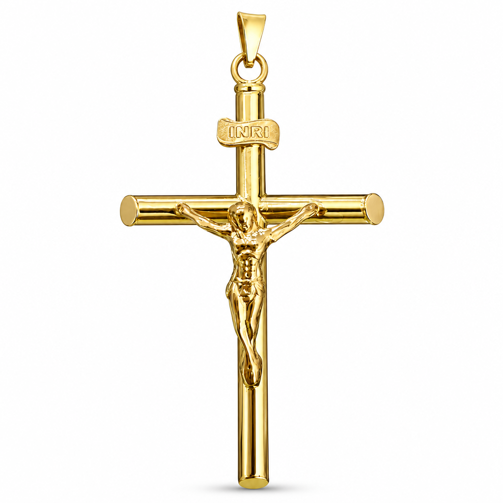 14KT Gold Charm 2XL Plain Hollow Tube Slant Ends Crucifix Cross with Plain Bell