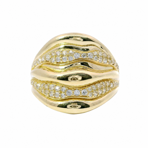 14KT Gold Ring Women's Seven Row Wavy Band with Alternating Plain/ White CZ Stone Rows