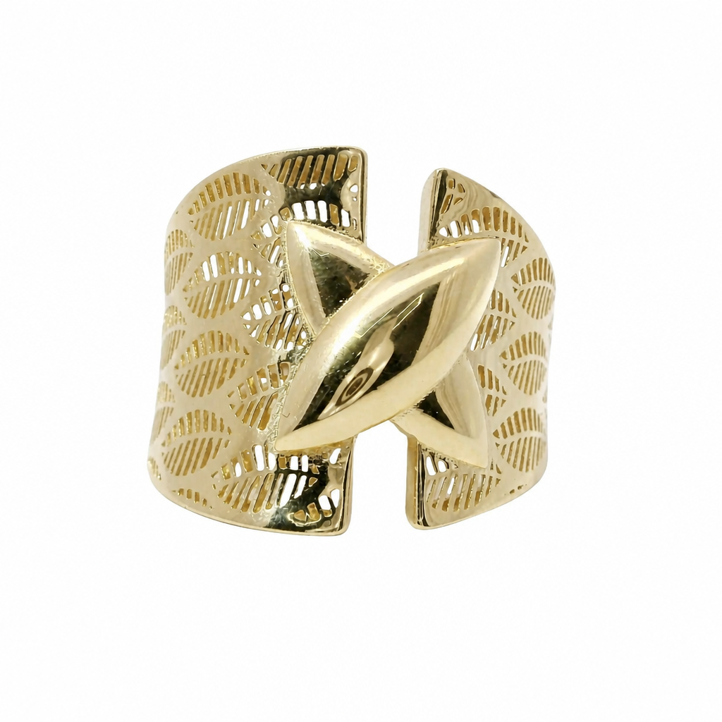 14KT Gold Ring Women's Abstract Raised Puff "X" Split Band Leaf Cutout Lattice Band