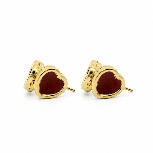 14KT Gold Earrings Small Red Heart with Plain Border with Push Back Post and Butterfly Backs