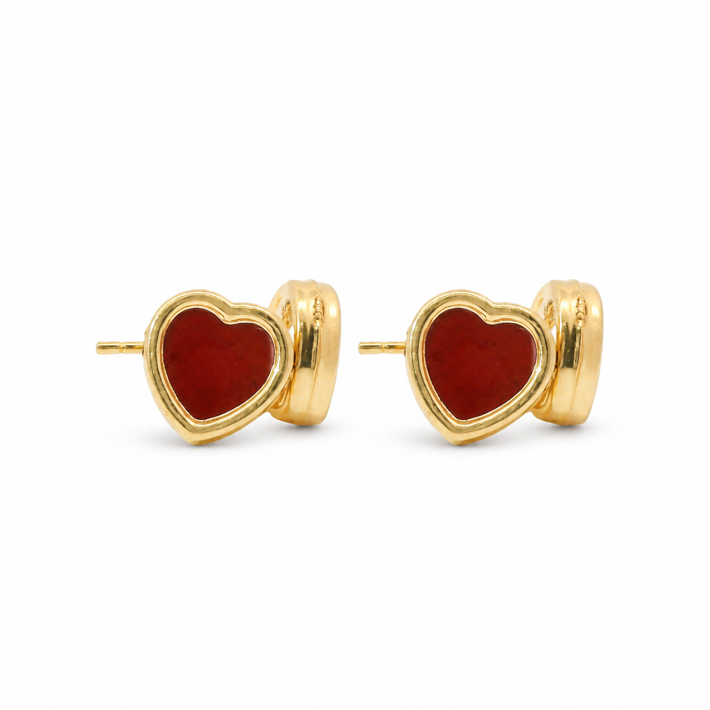 14KT Gold Earrings Small Red Heart with Plain Border with Push Back Post and Butterfly Backs