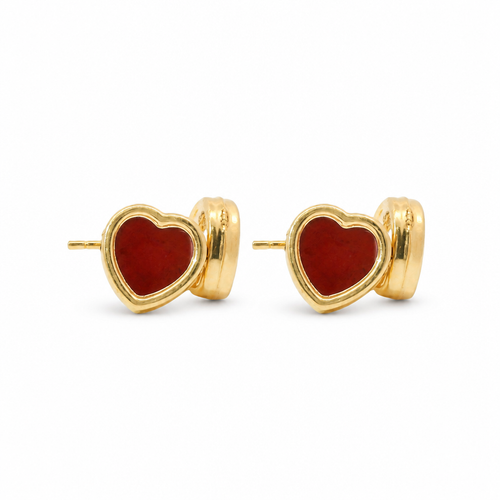 14KT Gold Earrings Small Red Heart with Plain Border with Push Back Post and Butterfly Backs