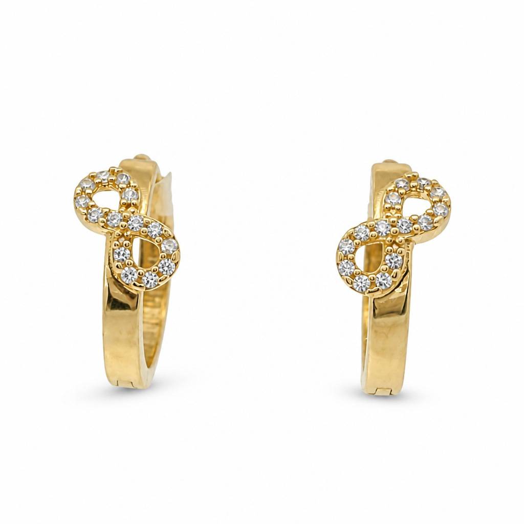 14KT Gold Earring Small White CZ Stones Infinity Loop Huggie