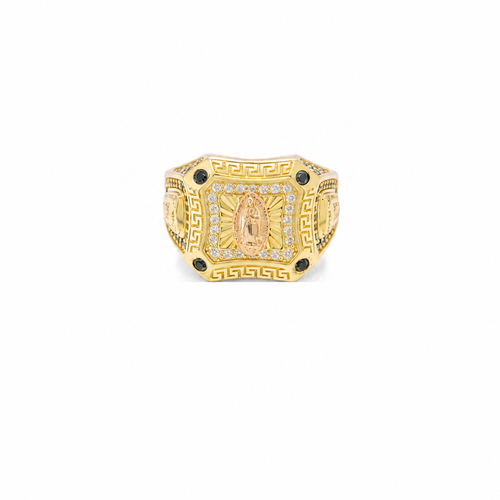 14KT Gold Ring Men's Two Tone Square Greek Border Raised Virgin Mary with Sunray Background White CZ Stone Border and Corner Design Black CZ Stone Band Design Black CZ Stones Border Raised Arrow