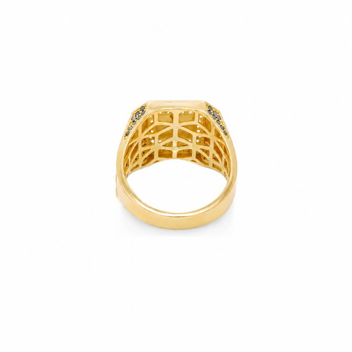 14KT Gold Ring Men's Two Tone Square Greek Border Raised Virgin Mary with Sunray Background White CZ Stone Border and Corner Design Black CZ Stone Band Design Black CZ Stones Border Raised Arrow