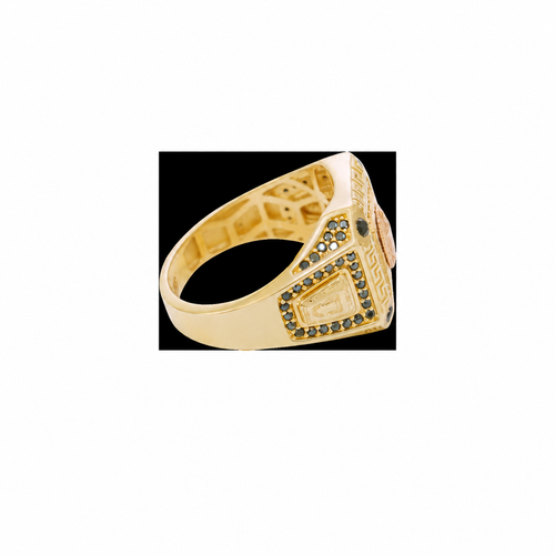 14KT Gold Ring Men's Two Tone Square Greek Border Raised Virgin Mary with Sunray Background White CZ Stone Border and Corner Design Black CZ Stone Band Design Black CZ Stones Border Raised Arrow
