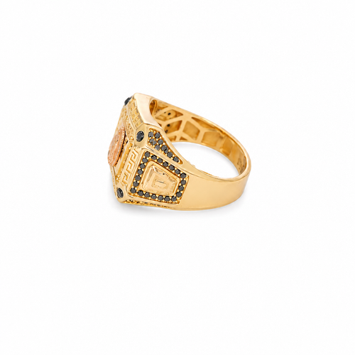 14KT Gold Ring Men's Two Tone Square Greek Border Raised Virgin Mary with Sunray Background White CZ Stone Border and Corner Design Black CZ Stone Band Design Black CZ Stones Border Raised Arrow
