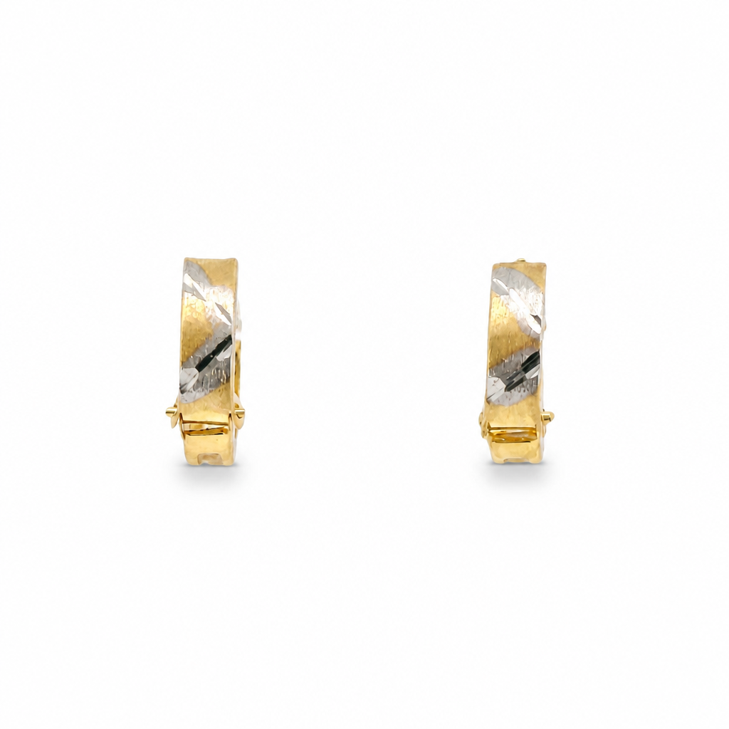 14KT Gold Earring Extra Small White CZ Stones Single Row Hoops with Two Tone Zig Zag Diamond Cut Back Huggie