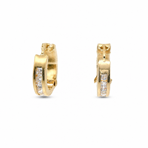 14KT Gold Earring Extra Small White CZ Stones Single Row Hoops with Two Tone Zig Zag Diamond Cut Back Huggie